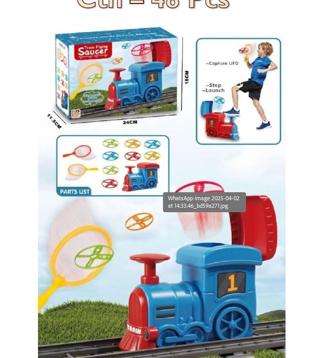Braintastic Train Flying Disc Launcher with 8 Discs, 2 Catch Nets, Step-On Fly and Catch Flying Saucer Set-Multicolor for Kids (Multicolor)