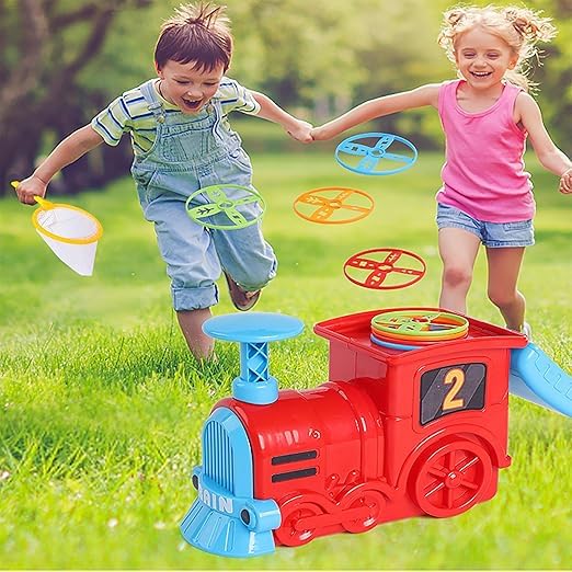 Braintastic Train Flying Disc Launcher with 8 Discs, 2 Catch Nets, Step-On Fly and Catch Flying Saucer Set-Multicolor for Kids (Multicolor)