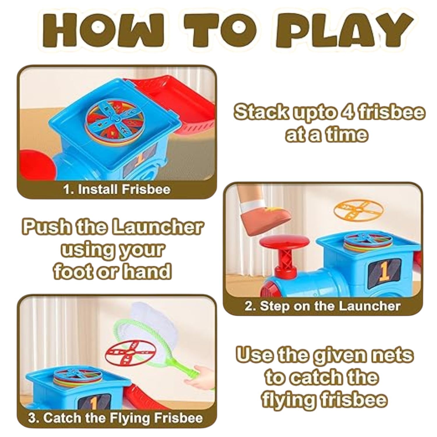 Braintastic Train Flying Disc Launcher with 8 Discs, 2 Catch Nets, Step-On Fly and Catch Flying Saucer Set-Multicolor for Kids (Multicolor)