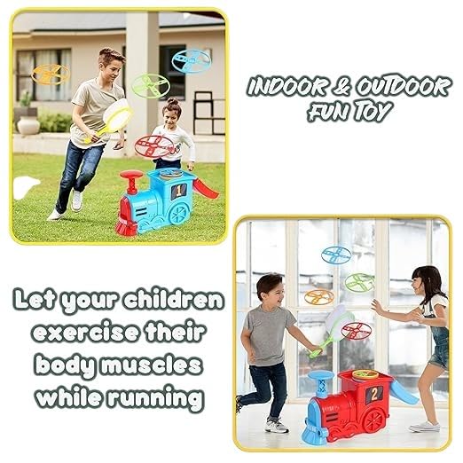 Braintastic Train Flying Disc Launcher with 8 Discs, 2 Catch Nets, Step-On Fly and Catch Flying Saucer Set-Multicolor for Kids (Multicolor)