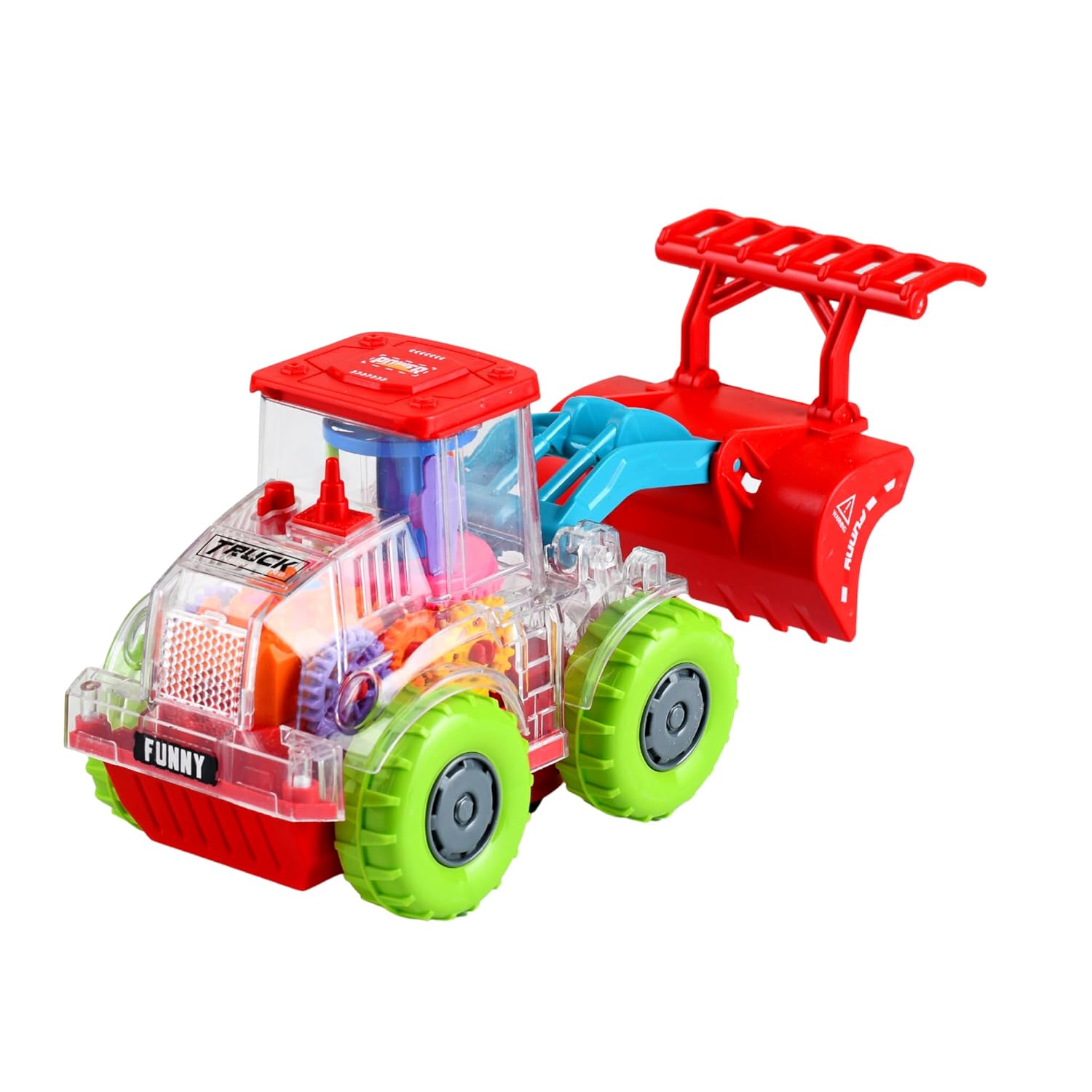 Braintastic Transparent Utility Gear Vehicle JCB Battery Operated Moving Rotating Toys with Colorful Light & Music for Kids