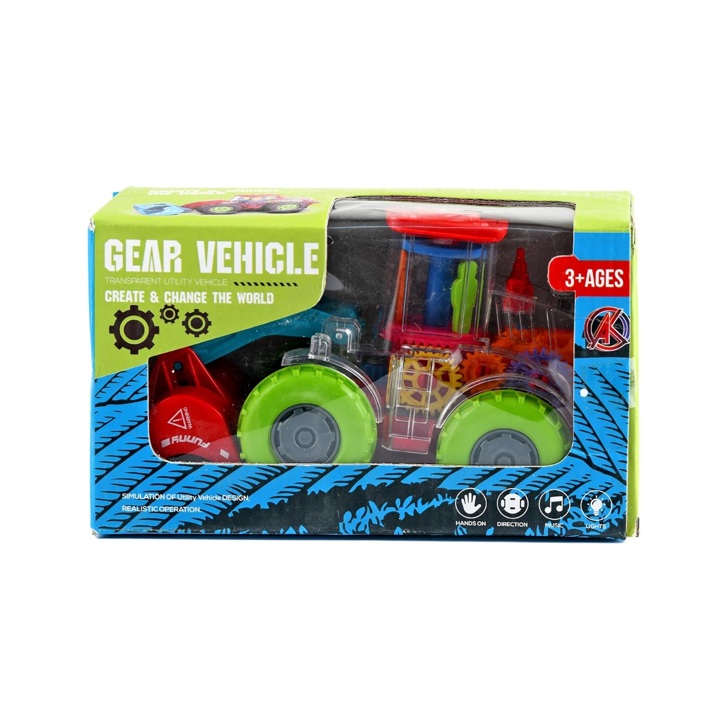 Braintastic Transparent Utility Gear Vehicle JCB Battery Operated Moving Rotating Toys with Colorful Light & Music for Kids