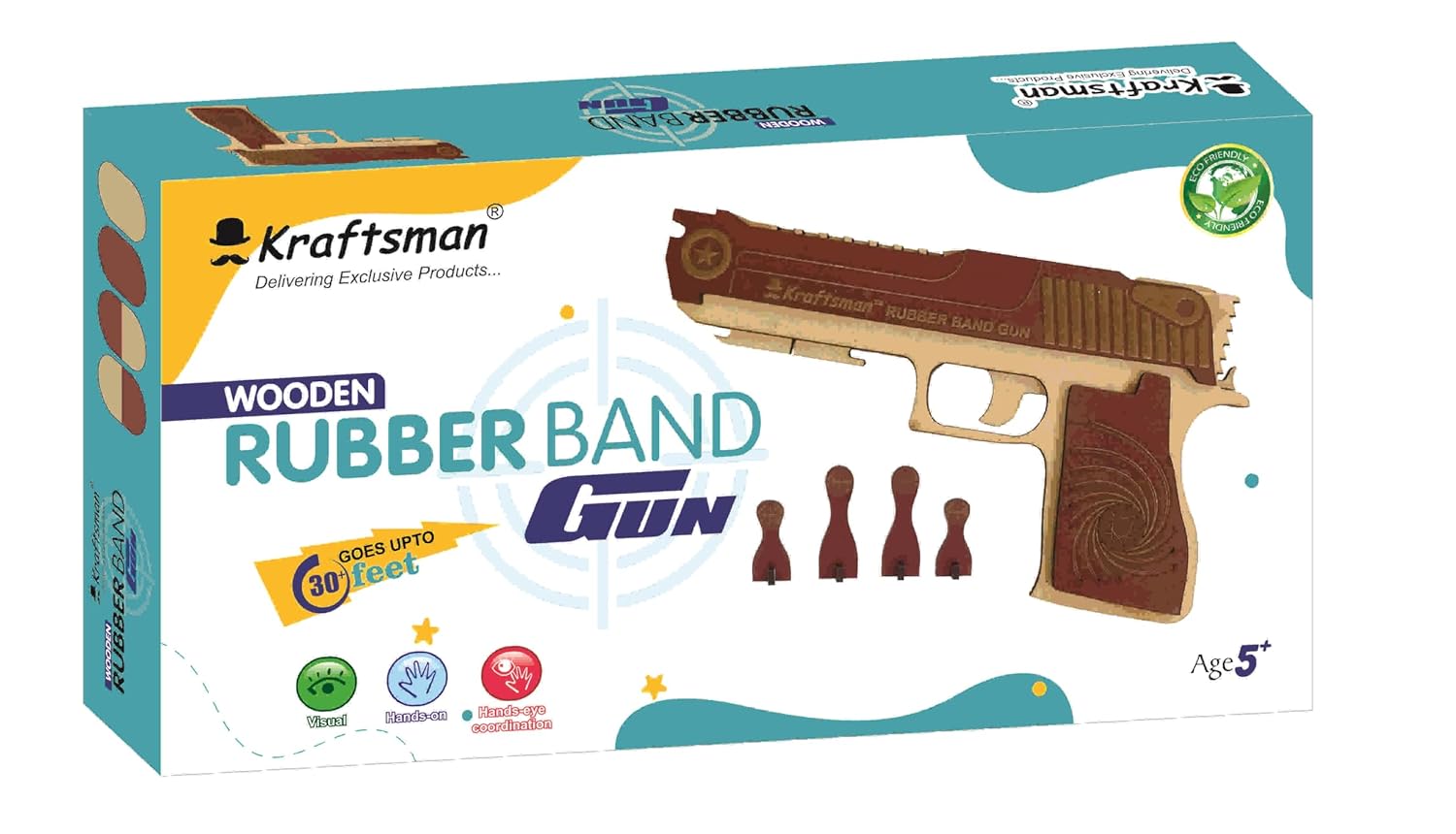 Kraftsman Semi-Automatic Wooden Rubber Band Shooting Gun Toys for Kids & Adults with Target | 5 Rapid Fire Shots (Beige)