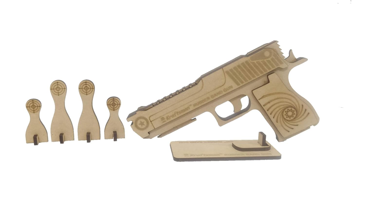 Kraftsman Semi-Automatic Wooden Rubber Band Shooting Gun Toys for Kids & Adults with Target | 5 Rapid Fire Shots (Beige)