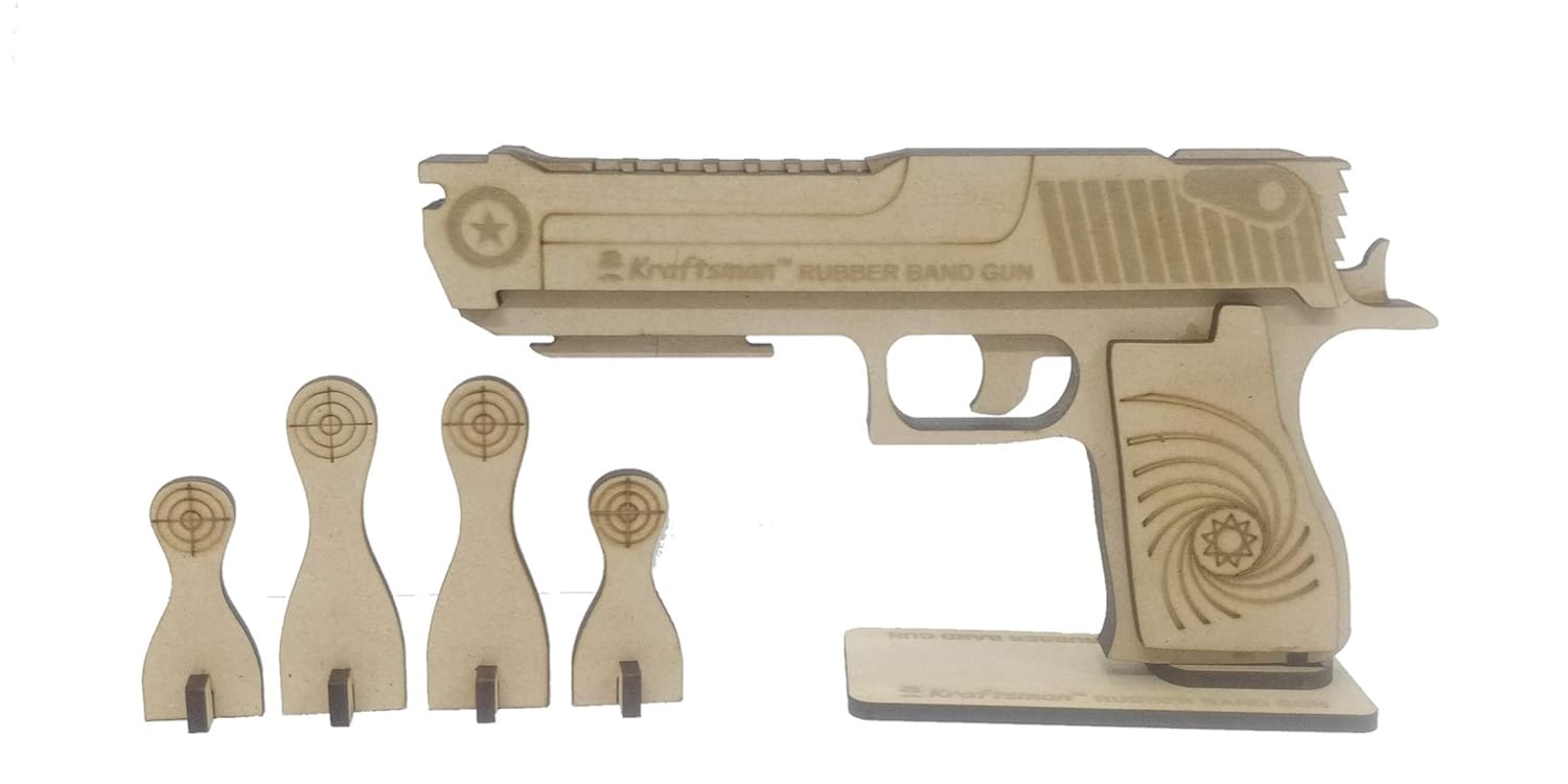 Kraftsman Semi-Automatic Wooden Rubber Band Shooting Gun Toys for Kids & Adults with Target | 5 Rapid Fire Shots (Beige)