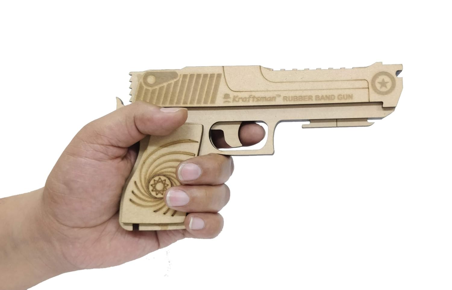 Kraftsman Semi-Automatic Wooden Rubber Band Shooting Gun Toys for Kids & Adults with Target | 5 Rapid Fire Shots (Beige)