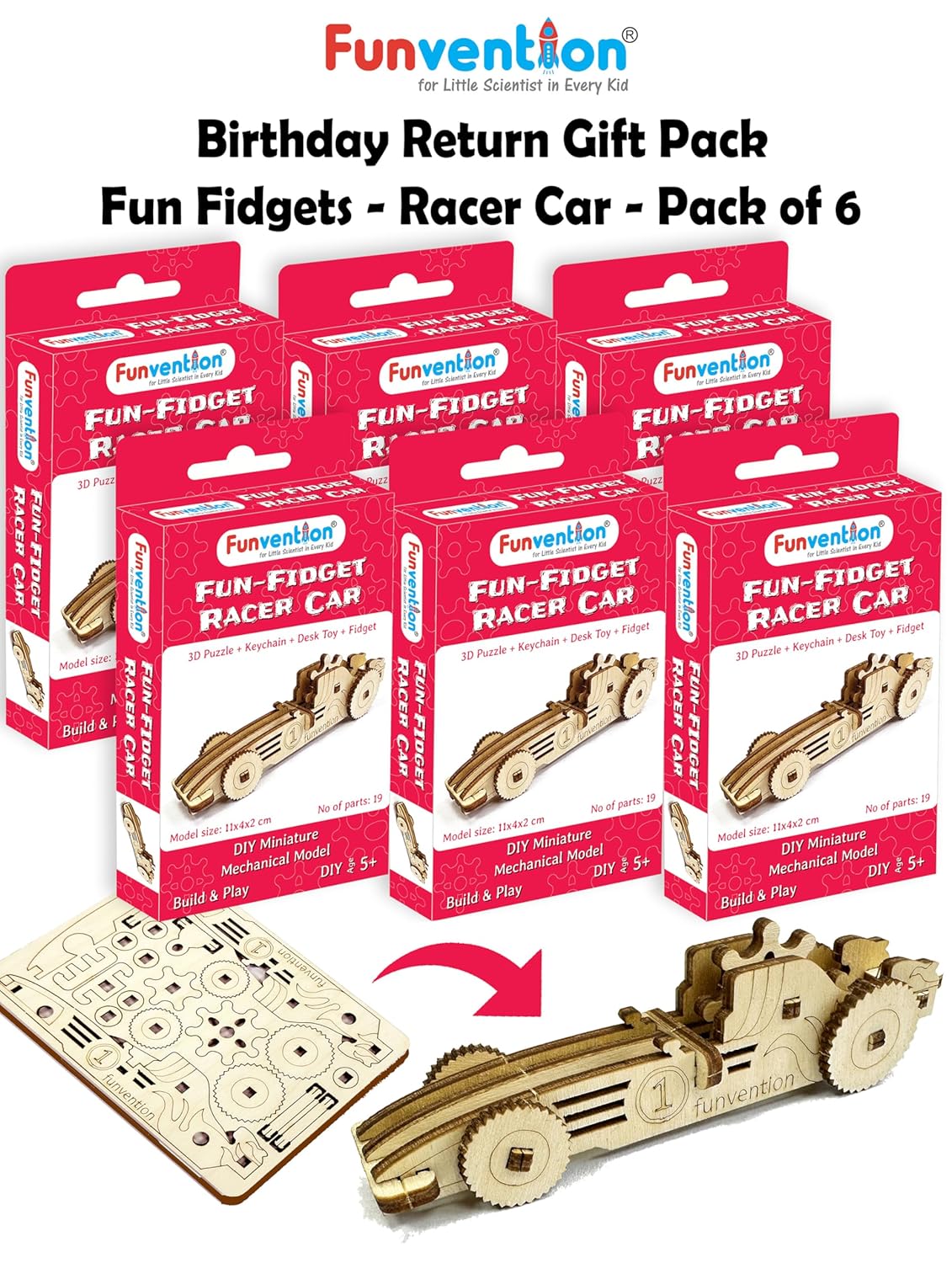 Funvention Birthday Return Gifts (Pack of 6) Fun Fidgets - Racer Car | DIY Miniature Mechanical Models 3D Puzzle Return Favours for Kids Birthday Party 5+ Years Made in India Toys