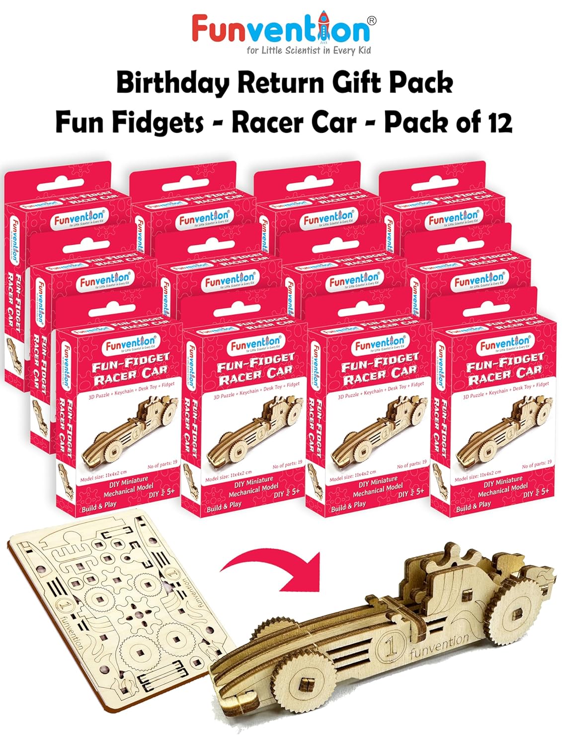 Funvention Birthday Return Gifts (Pack of 12) Fun Fidgets - Racer Car | DIY Miniature Mechanical Models 3D Puzzle Return Favours for Kids Birthday Party 5+ Years Made in India Toys