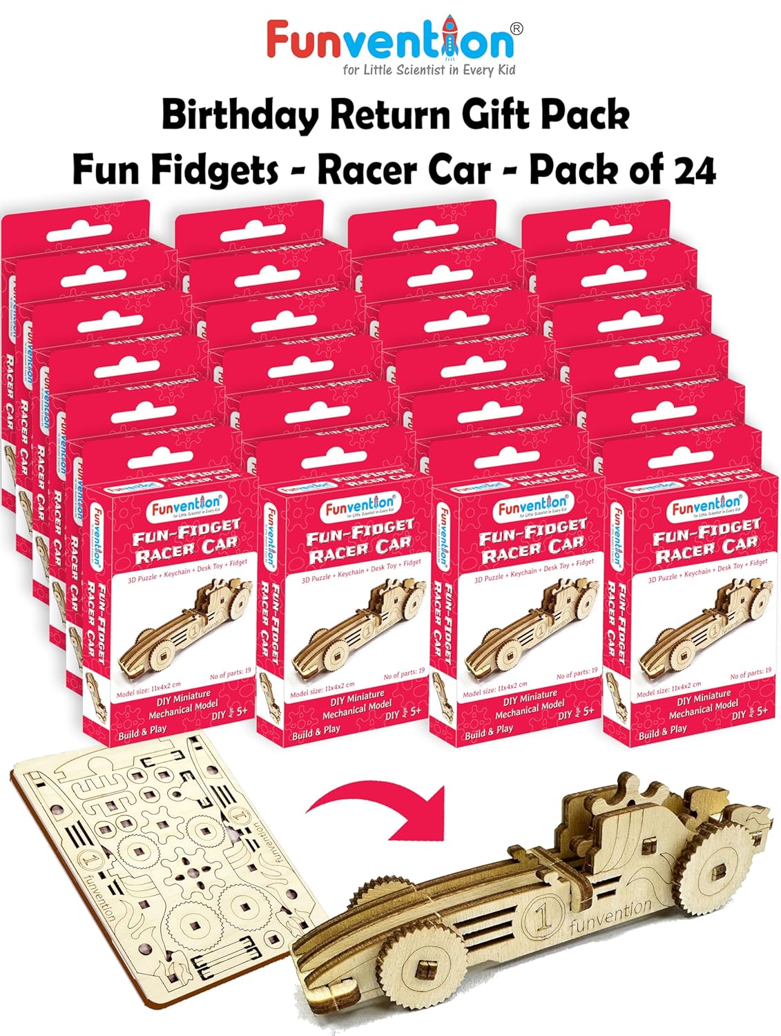 Funvention Birthday Return Gifts (Pack of 24) Fun Fidgets - Racer Car | DIY Miniature Mechanical Models 3D Puzzle Return Favours for Kids Birthday Party 5+ Years Made in India Toys