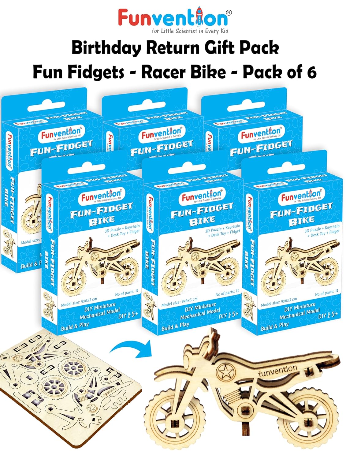 Funvention Birthday Return Gifts (Pack of 6) Fun Fidgets - Bike | DIY Miniature Mechanical Models 3D Puzzle Return Favours for Kids Birthday Party 5+ Years Made in India Toys