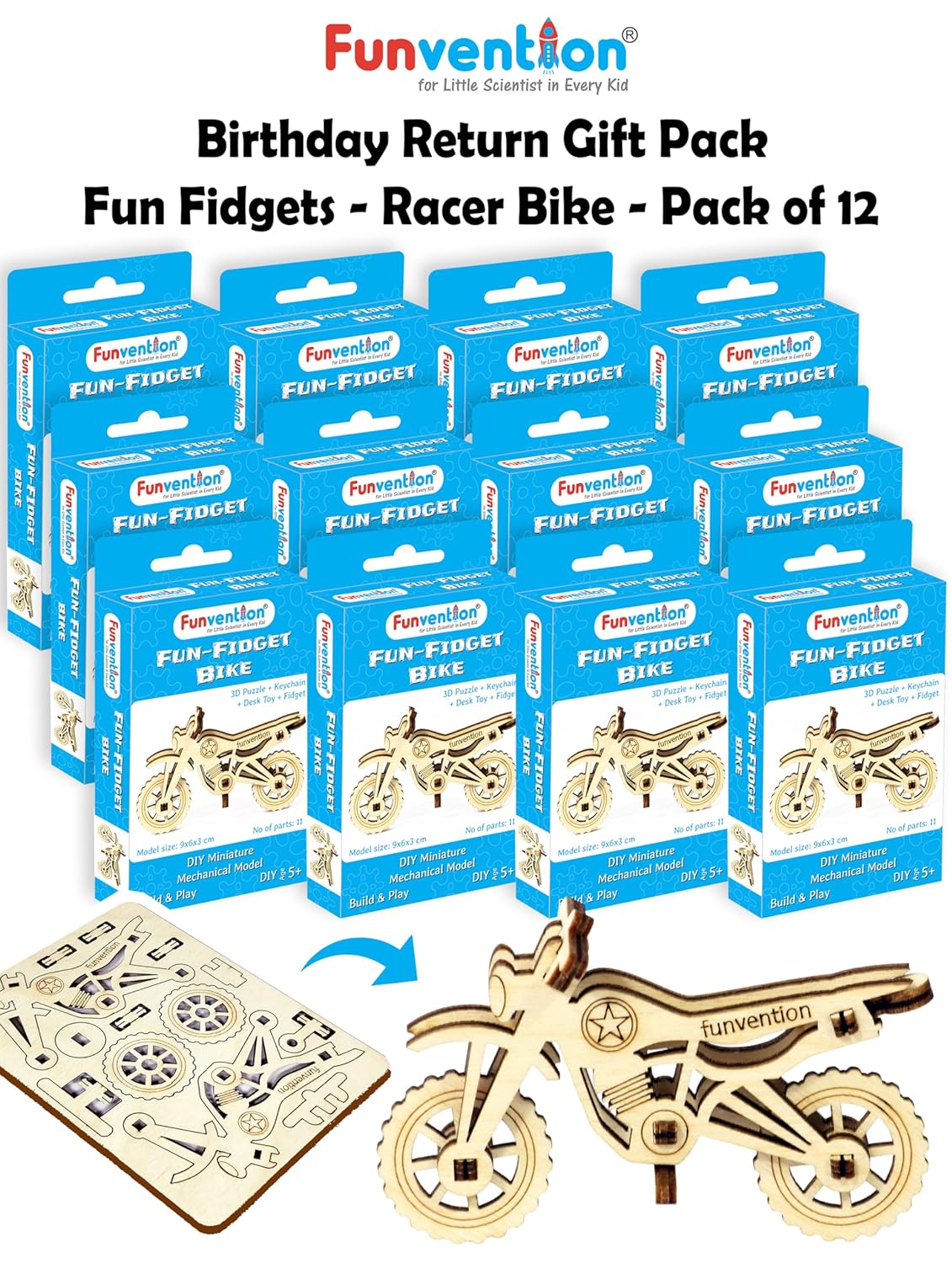 Funvention Birthday Return Gifts (Pack of 12) Fun Fidgets - Bike | DIY Miniature Mechanical Models 3D Puzzle Return Favours for Kids Birthday Party 5+ Years Made in India Toys