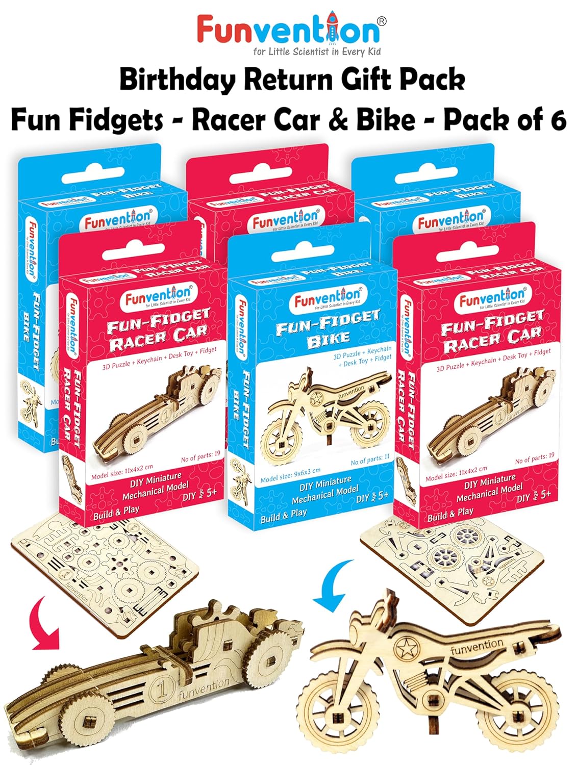 Funvention Birthday Return Gifts (Pack of 6) Fun Fidgets - Racer Car & Bike | DIY Miniature Mechanical Models 3D Puzzle Return Favours for Kids Birthday Party 5+ Years Made in India Toys