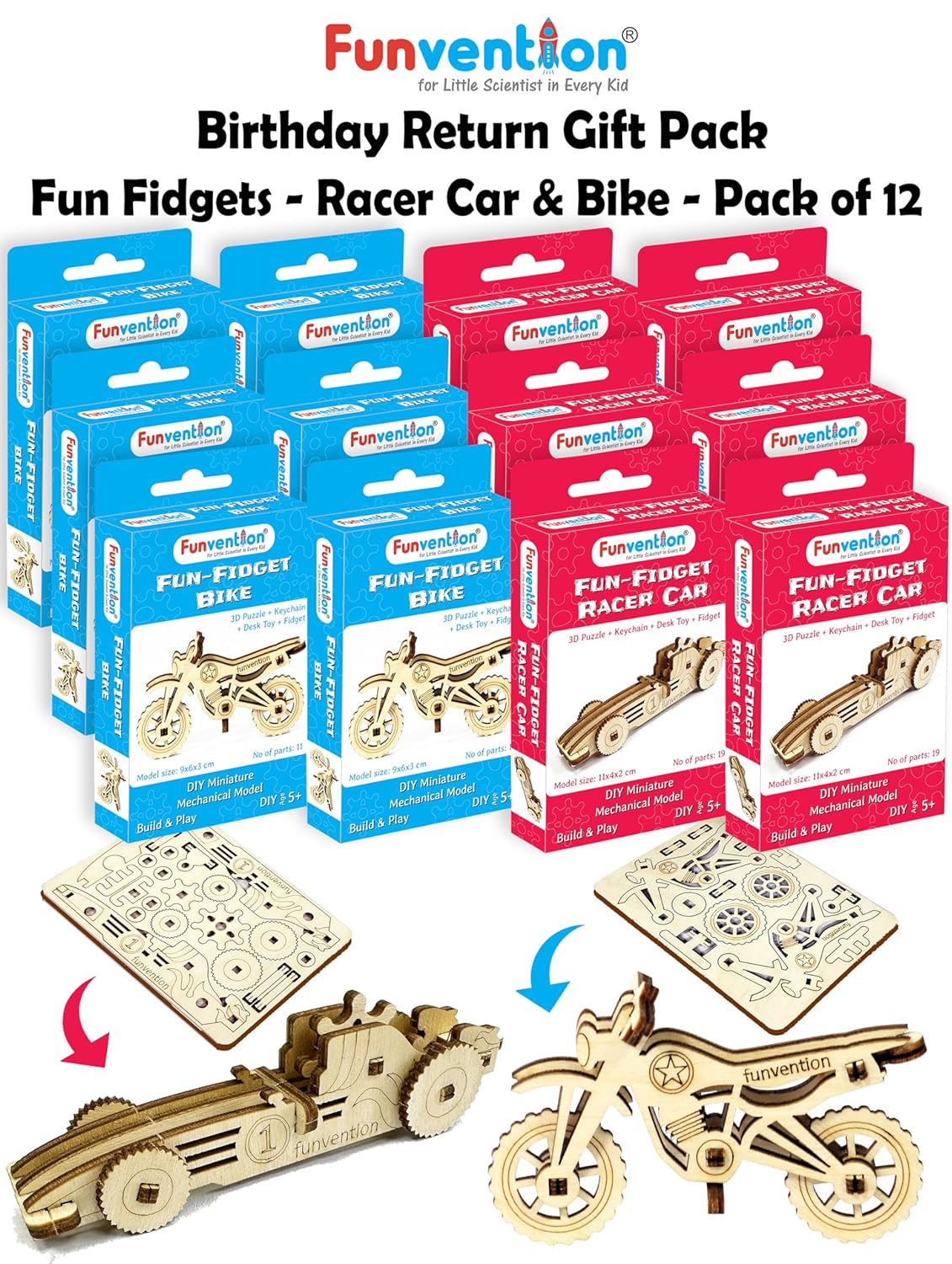 Funvention Birthday Return Gifts (Pack of 12) Fun Fidgets - Racer Car & Bike | DIY Miniature Mechanical Models 3D Puzzle Return Favours for Kids Birthday Party 5+ Years Made in India Toys