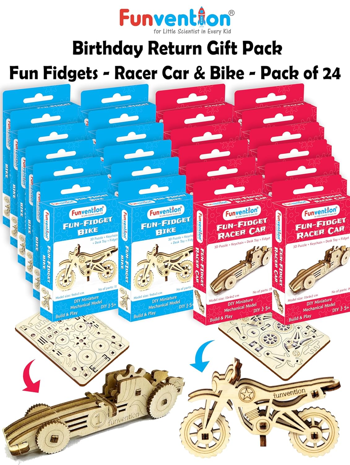 Funvention Birthday Return Gifts (Pack of 24) Fun Fidgets - Racer Car & Bike | DIY Miniature Mechanical Models 3D Puzzle Return Favours for Kids Birthday Party 5+ Years Made in India Toys