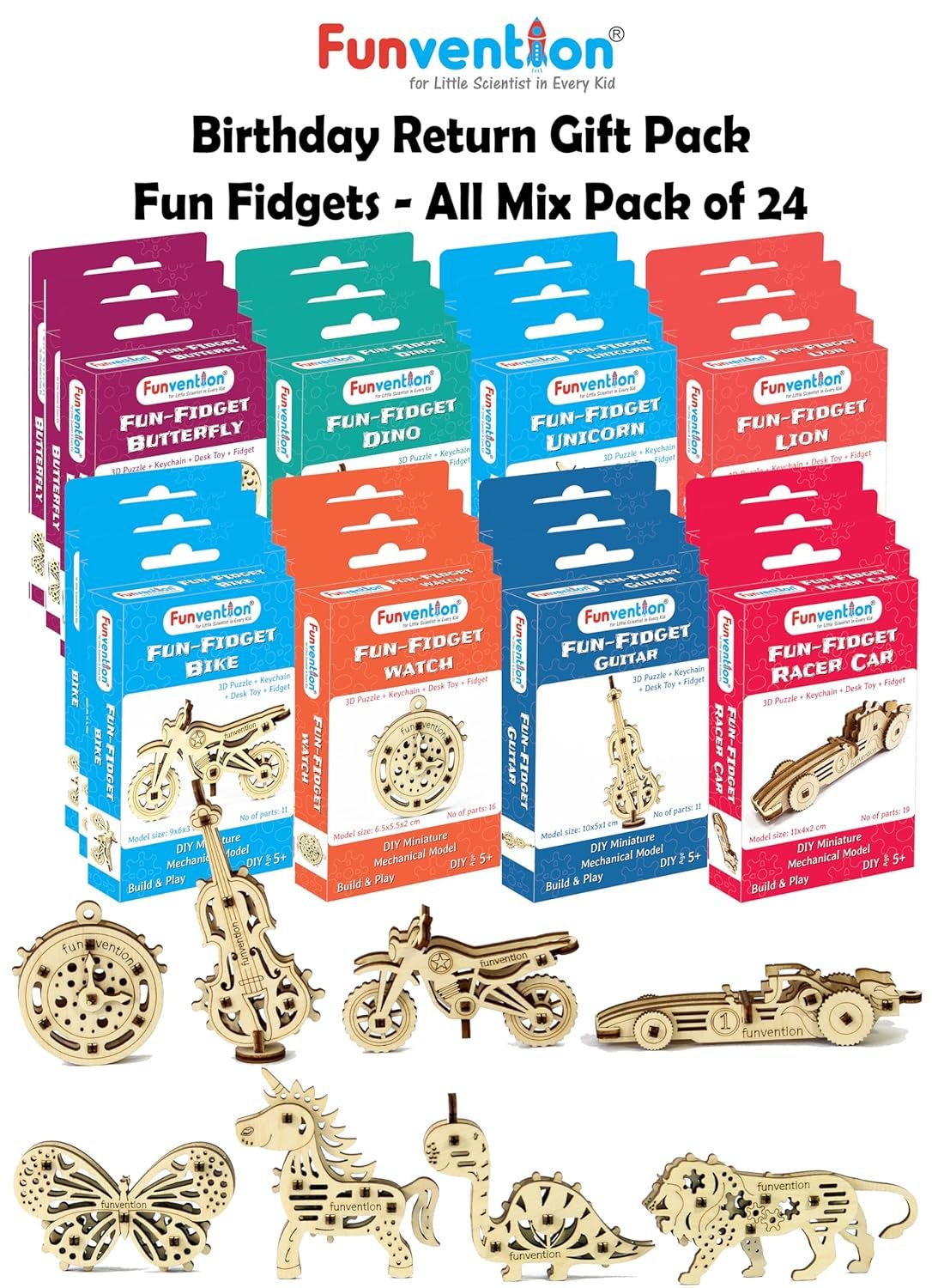 Funvention Birthday Return Gifts (Pack of 24) Fun Fidgets - Jungle & Assorted | DIY Miniature Mechanical Models 3D Puzzle Return Favours for Kids Birthday Party 5+ Years Made in India Toys