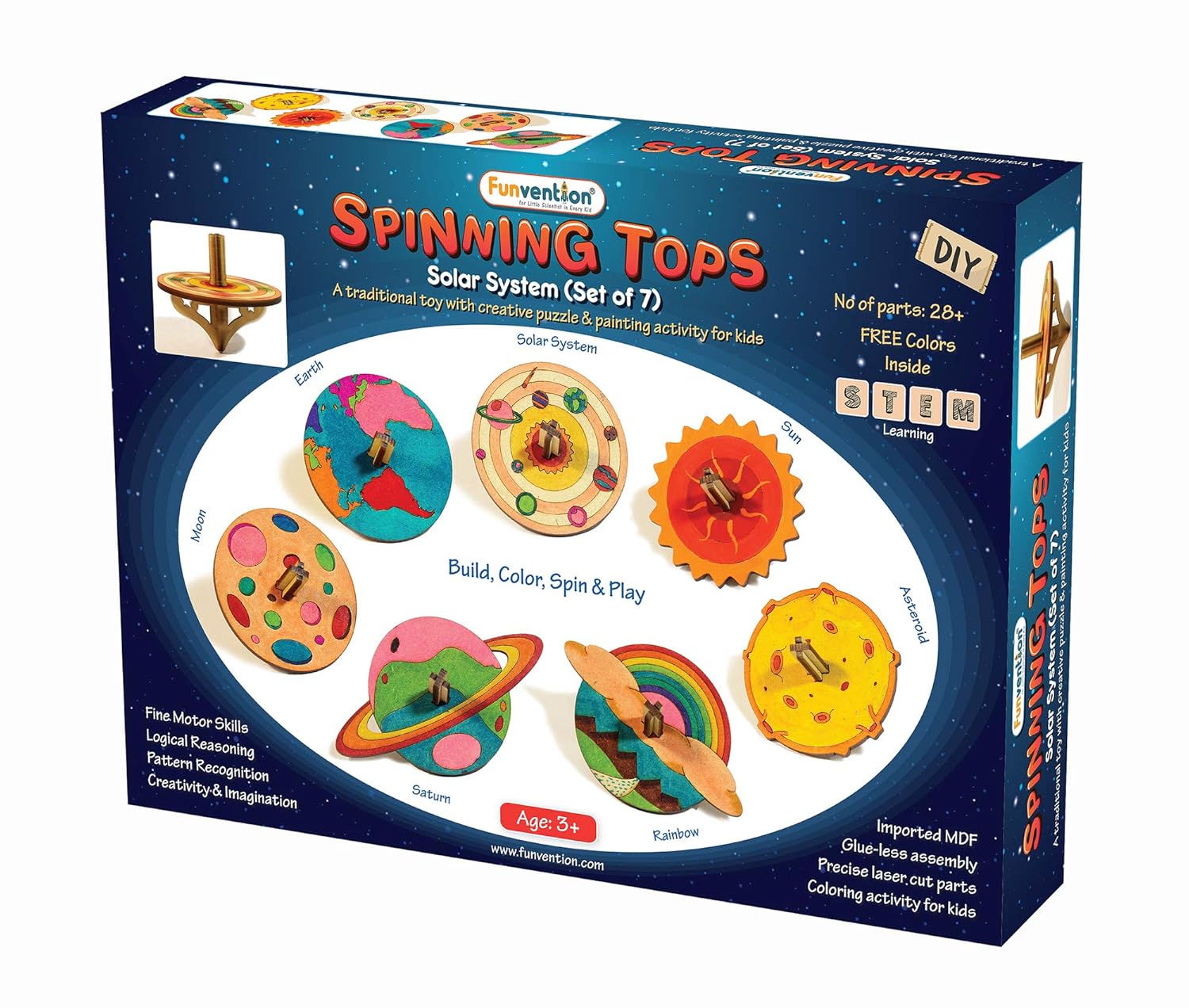 Funvention DIY Spinning Top Kits (Solar System) - Set of 7 Unique DIY Spinning Tops + Free Colors - STEM Learning 3D Puzzle & Coloring Toy Kit