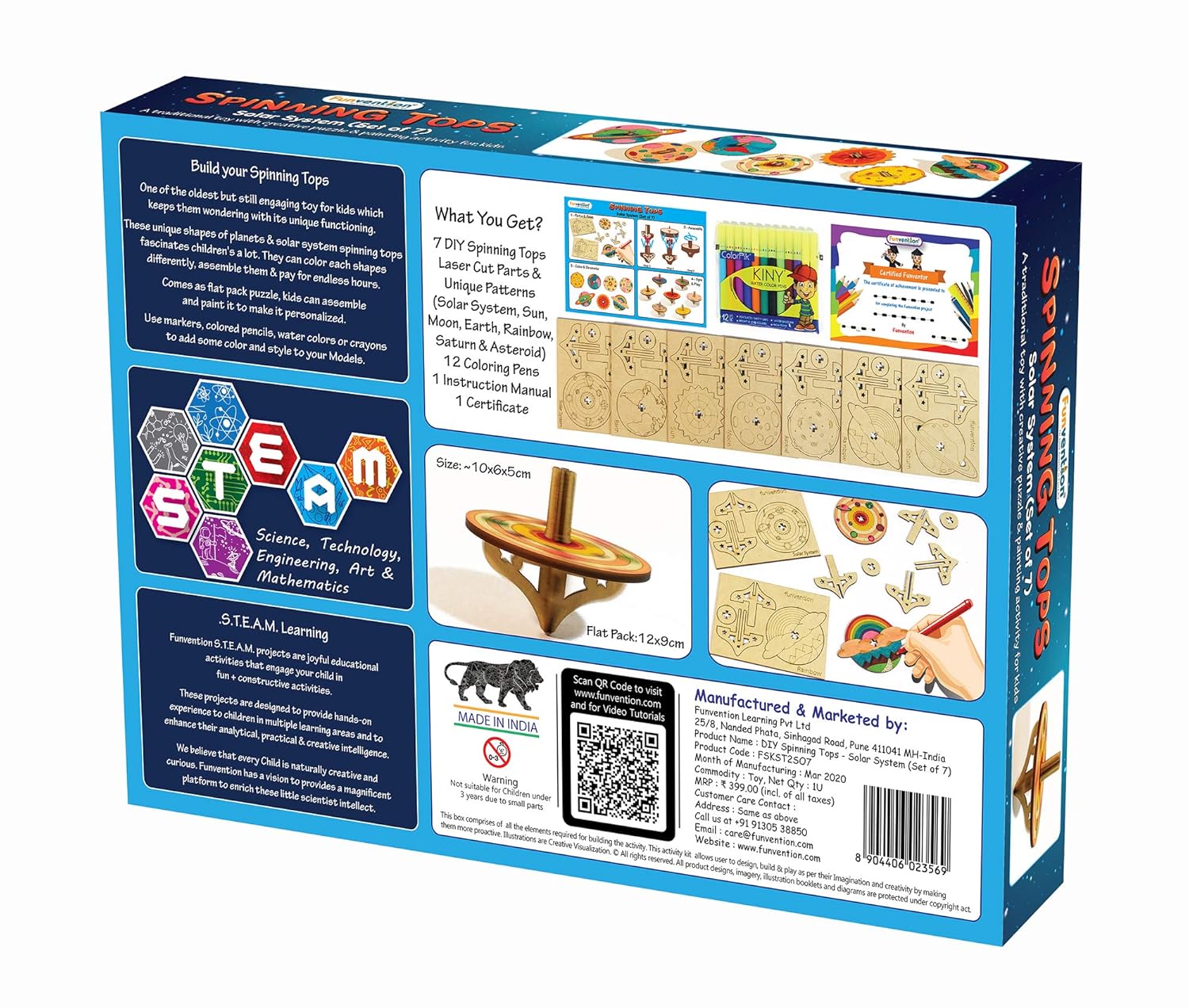 Funvention DIY Spinning Top Kits (Solar System) - Set of 7 Unique DIY Spinning Tops + Free Colors - STEM Learning 3D Puzzle & Coloring Toy Kit