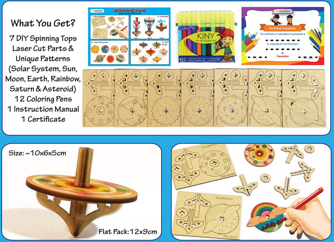 Funvention DIY Spinning Top Kits (Solar System) - Set of 7 Unique DIY Spinning Tops + Free Colors - STEM Learning 3D Puzzle & Coloring Toy Kit