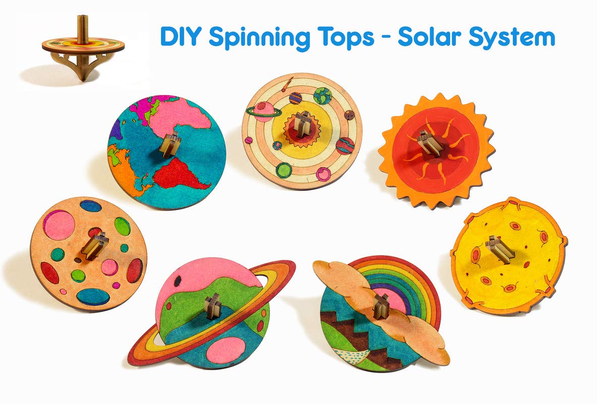 Funvention DIY Spinning Top Kits (Solar System) - Set of 7 Unique DIY Spinning Tops + Free Colors - STEM Learning 3D Puzzle & Coloring Toy Kit