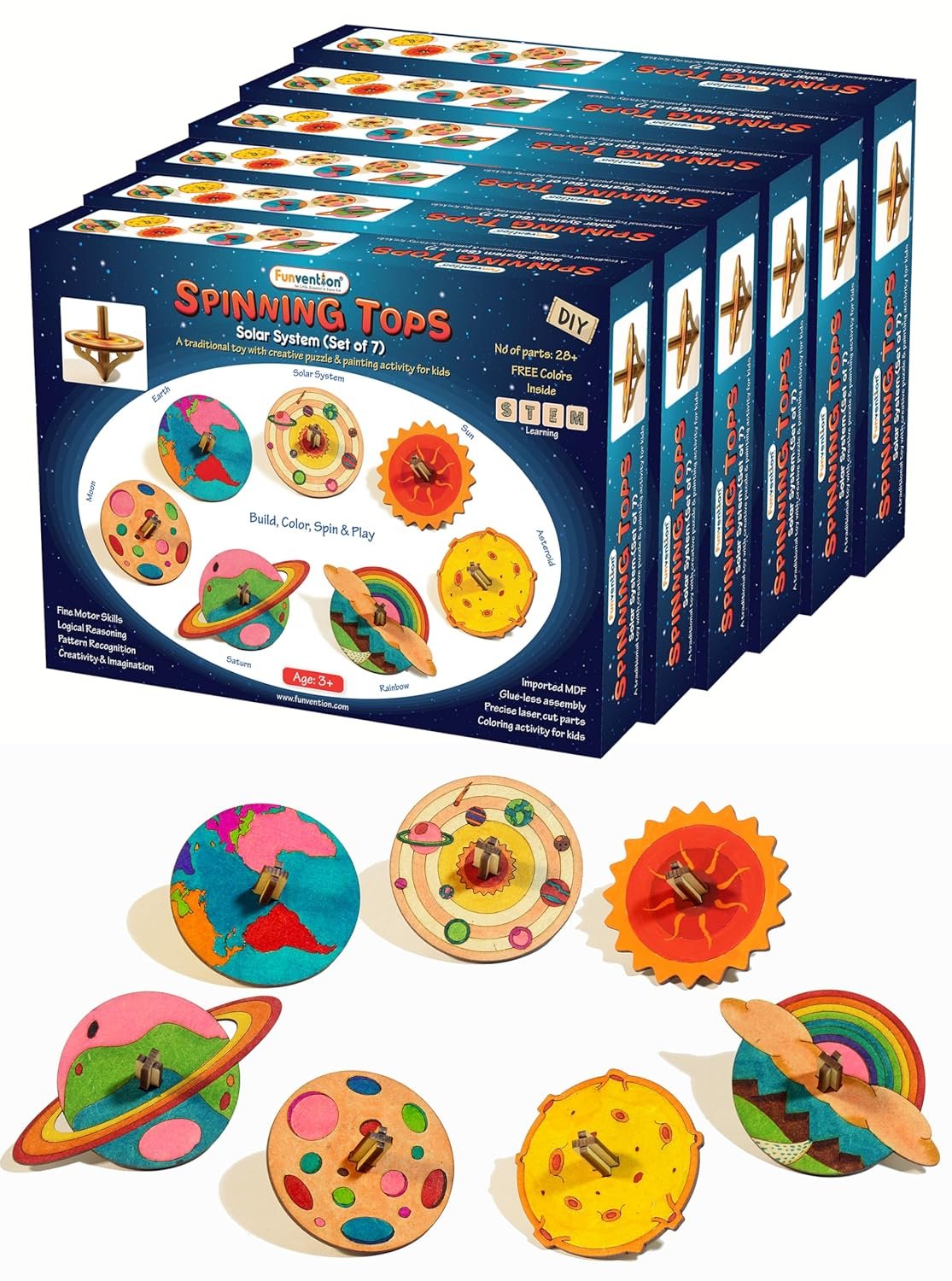 Funvention Birthday Return Gifts Pack of 12 - DIY Spinning Tops (Solar System) Set of 7 Build, Color, Play, Art & Craft Coloring Activity Party Pack Return Favors for Kids (7 Tops & 8 Colors Per Set)