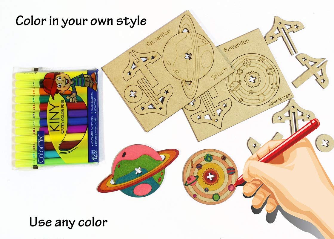 Funvention Birthday Return Gifts Pack of 6 - DIY Spinning Tops (Solar System) Set of 7 Build, Color, Play, Art & Craft Coloring Activity Party Pack Return Favors for Kids (7 Tops & 8 Colors Per Set)