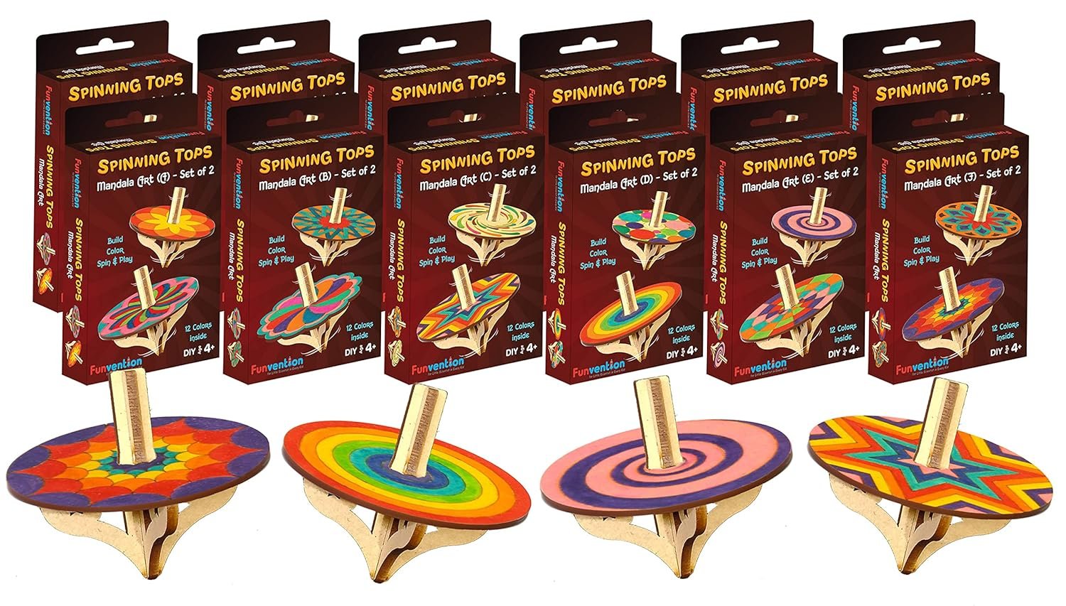Funvention DIY Spinning Top Kits (Mandal Art) Pack of 12 - Build, Color, Play, Art & Craft Coloring Activity Birthday Return Gifts Party Pack Return Favors for Kids (2 Tops & 8 Colors Per Pack)
