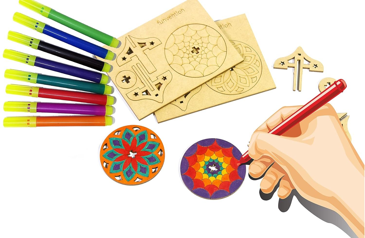 Funvention DIY Spinning Top Kits (Mandal Art) Pack of 18 - Build, Color, Play, Art & Craft Coloring Activity Birthday Return Gifts Party Pack Return Favors for Kids (2 Tops & 8 Colors Per Pack)