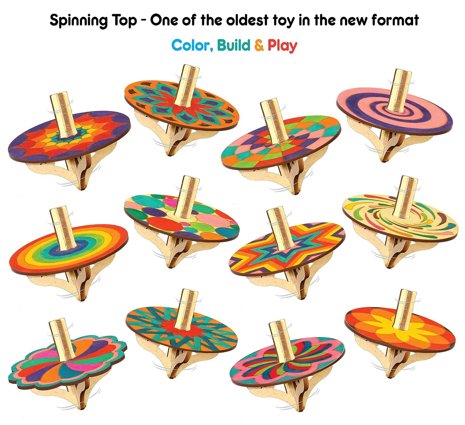 Funvention DIY Spinning Top Kits (Mandal Art) Pack of 18 - Build, Color, Play, Art & Craft Coloring Activity Birthday Return Gifts Party Pack Return Favors for Kids (2 Tops & 8 Colors Per Pack)