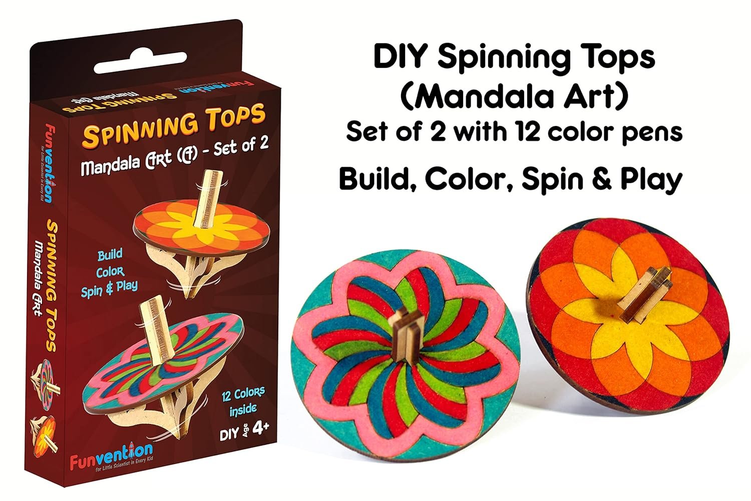 Funvention DIY Spinning Top Kits (Mandal Art) Pack of 18 - Build, Color, Play, Art & Craft Coloring Activity Birthday Return Gifts Party Pack Return Favors for Kids (2 Tops & 8 Colors Per Pack)