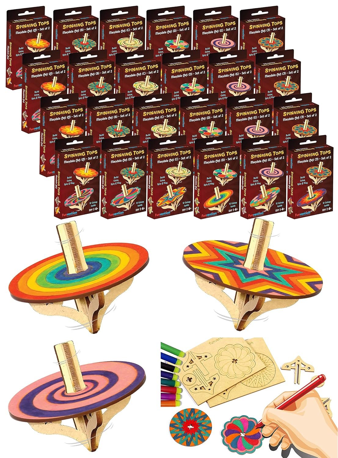 Funvention DIY Spinning Top Kits (Mandal Art) Pack of 24 - Build, Color, Play, Art & Craft Coloring Activity Birthday Return Gifts Party Pack Return Favors for Kids (2 Tops & 8 Colors Per Pack)