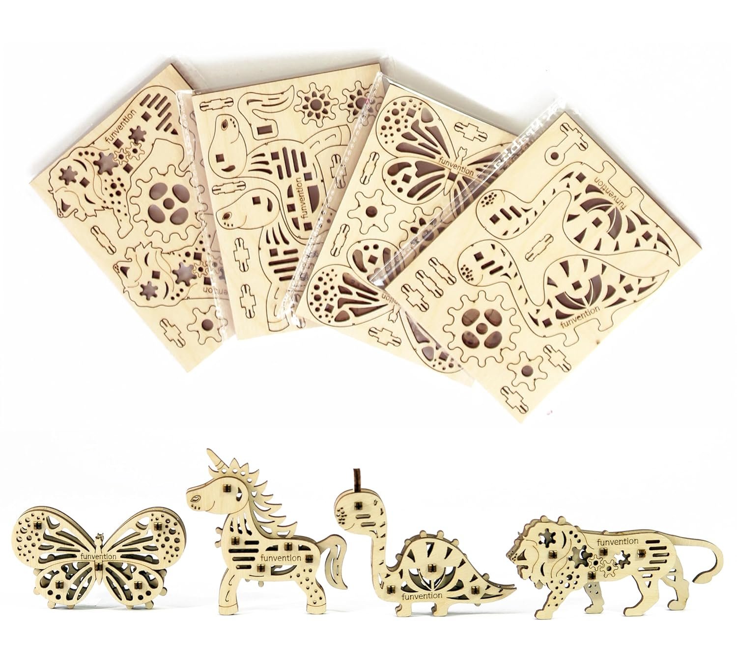 Funvention Birthday Return Gifts Pack of 12 Toys Fun Fidgets Jungle (3 x 4 DIY Miniature Mechanical Models Lion, Butterfly, Unicorn & Dino) Party Pack Return Favors for Kids Art & Craft STEM Learning
