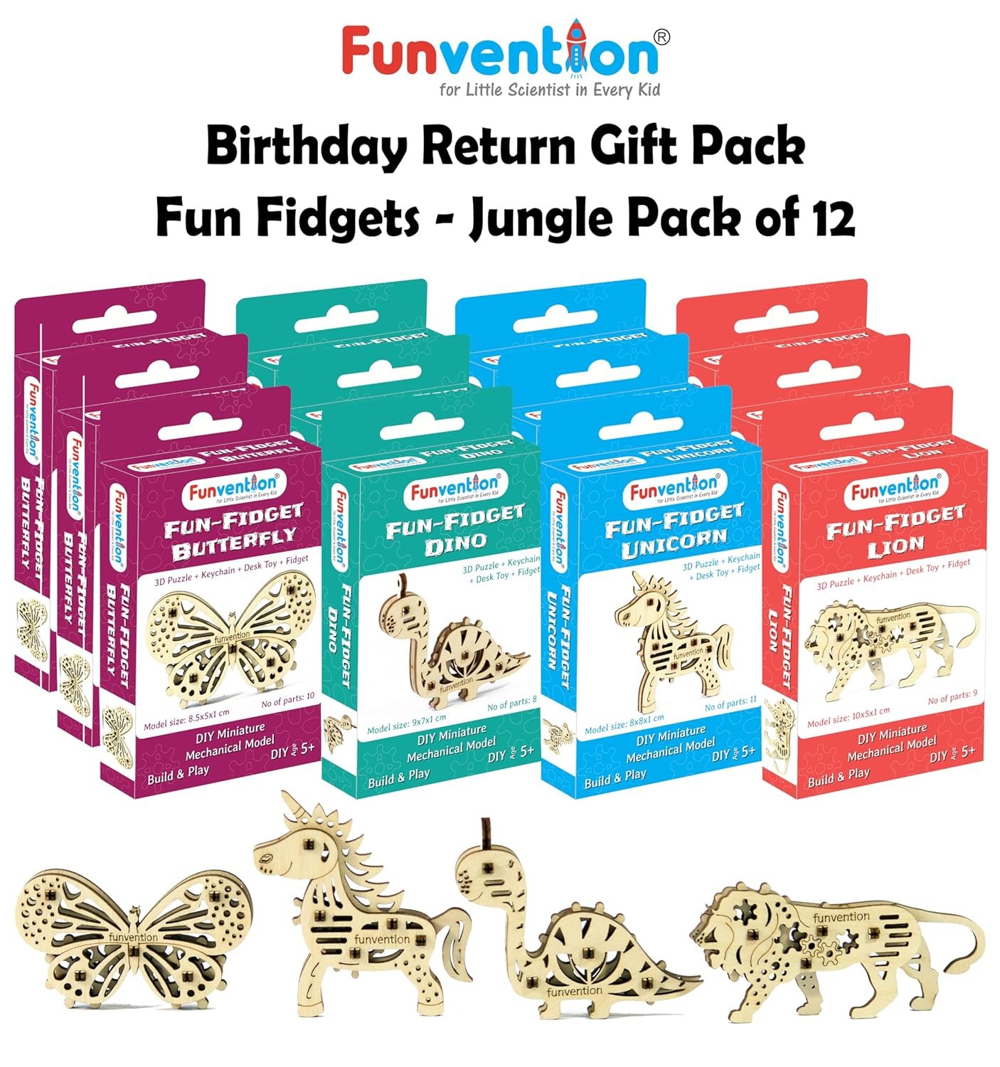 Funvention Birthday Return Gifts Pack of 12 Toys Fun Fidgets Jungle (3 x 4 DIY Miniature Mechanical Models Lion, Butterfly, Unicorn & Dino) Party Pack Return Favors for Kids Art & Craft STEM Learning