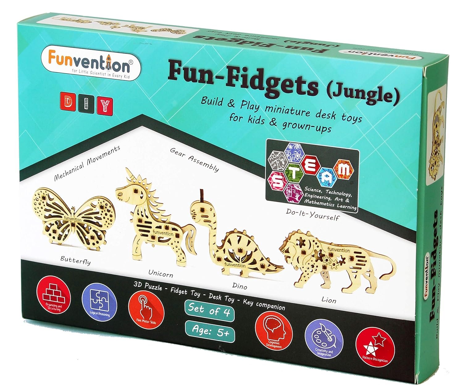Funvention Birthday Return Gifts Pack of 6 Toys Fun Fidgets Jungle (Set of 4 DIY Miniature Mechanical Models Lion, Butterfly, Unicorn & Dino) Party Pack Return Favors for Kids Art & Craft STEM