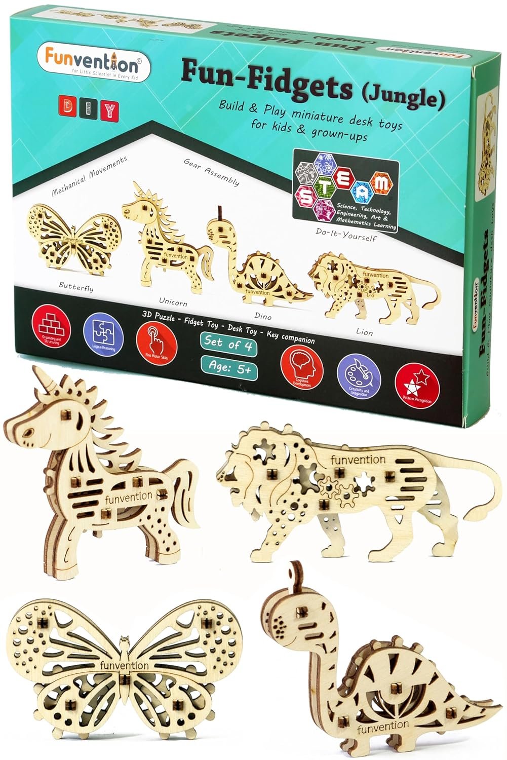 Funvention Birthday Return Gifts Pack of 6 Toys Fun Fidgets Jungle (Set of 4 DIY Miniature Mechanical Models Lion, Butterfly, Unicorn & Dino) Party Pack Return Favors for Kids Art & Craft STEM