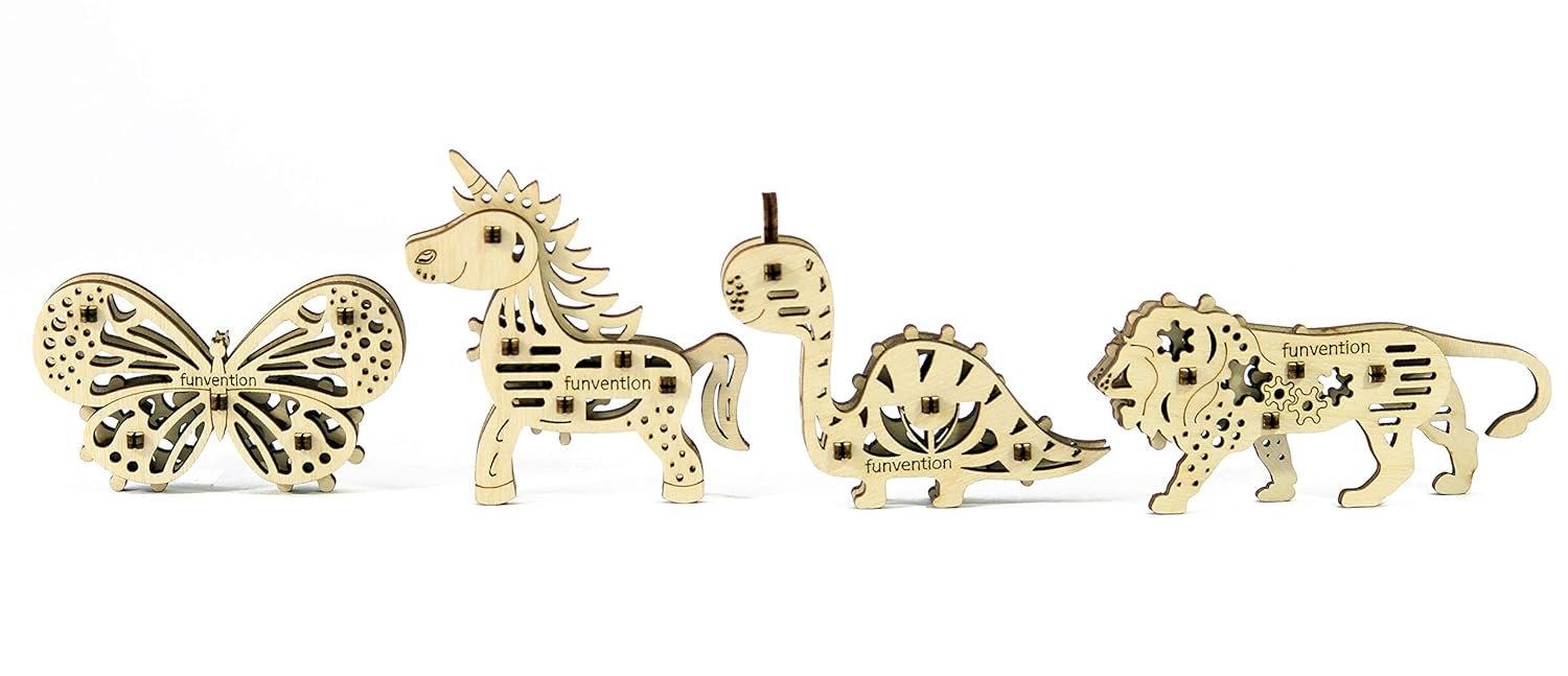 Funvention Birthday Return Gifts Pack of 6 Toys Fun Fidgets Jungle (Set of 4 DIY Miniature Mechanical Models Lion, Butterfly, Unicorn & Dino) Party Pack Return Favors for Kids Art & Craft STEM