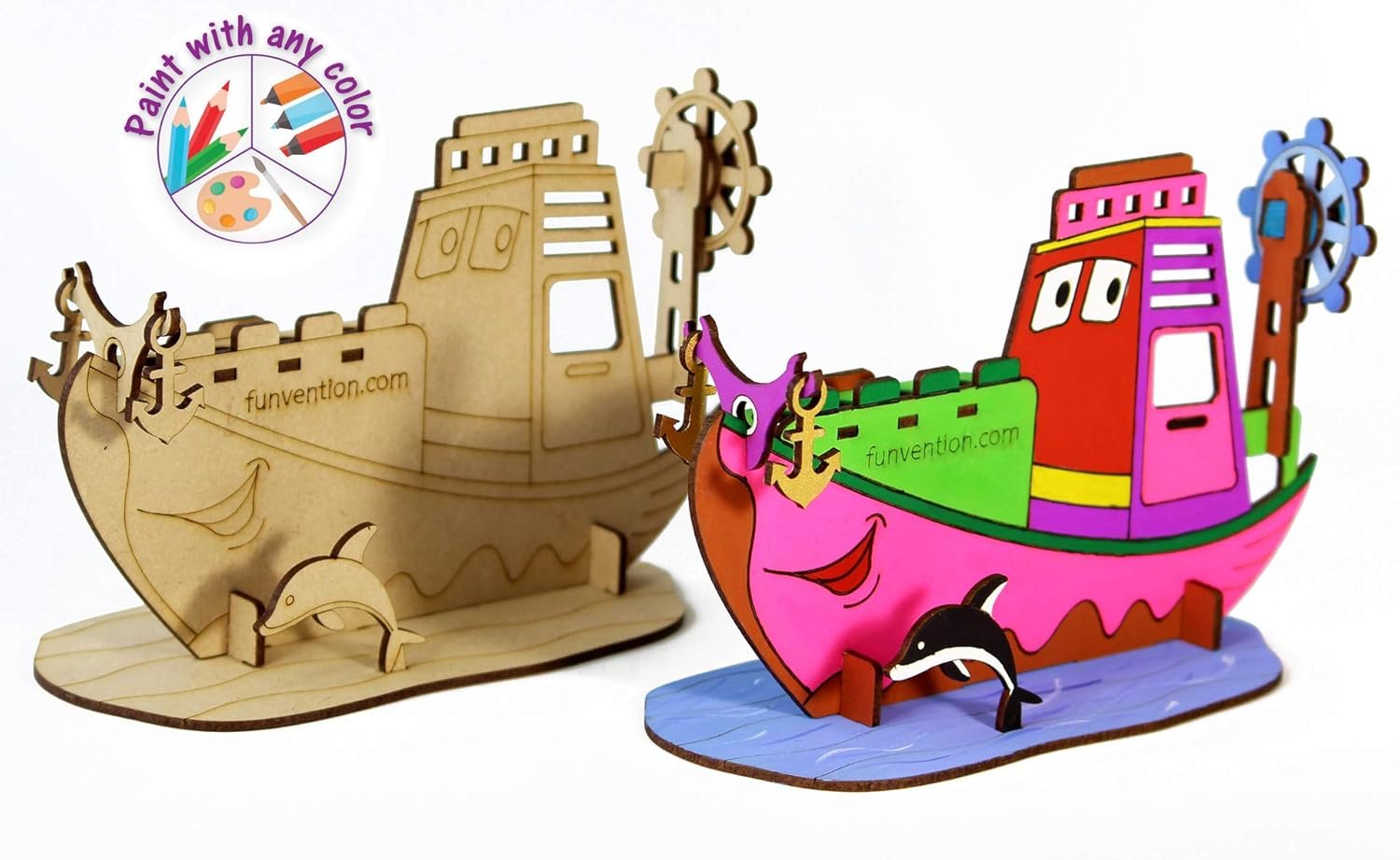 Funvention Ship - 3D Coloring Model (Pack of 6) - DIY Desk Organizer Pen Stand - STEM Leanring 3D Puzzle Toy - Art, Coloring and Painting Kit for Kids - Birthday Return Gift,DIY Party Pack for Kids