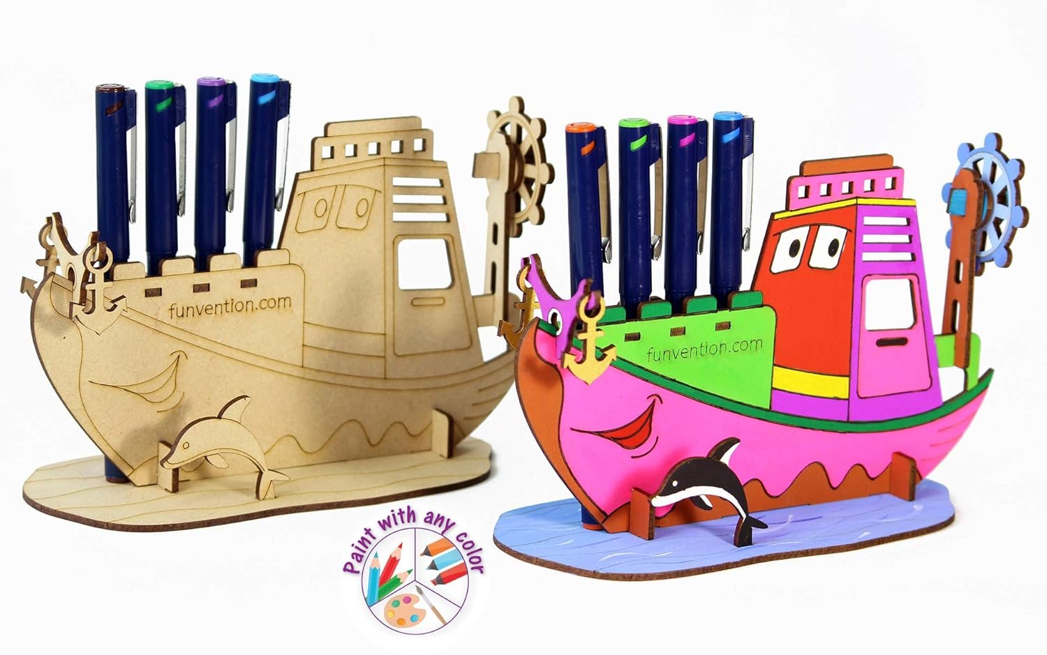 Funvention Ship - 3D Coloring Model (Pack of 12) - DIY Desk Organizer Pen Stand - STEM Leanring 3D Puzzle Toy - Art, Coloring and Painting Kit for Kids - Birthday Return Gift,DIY Party Pack for Kids