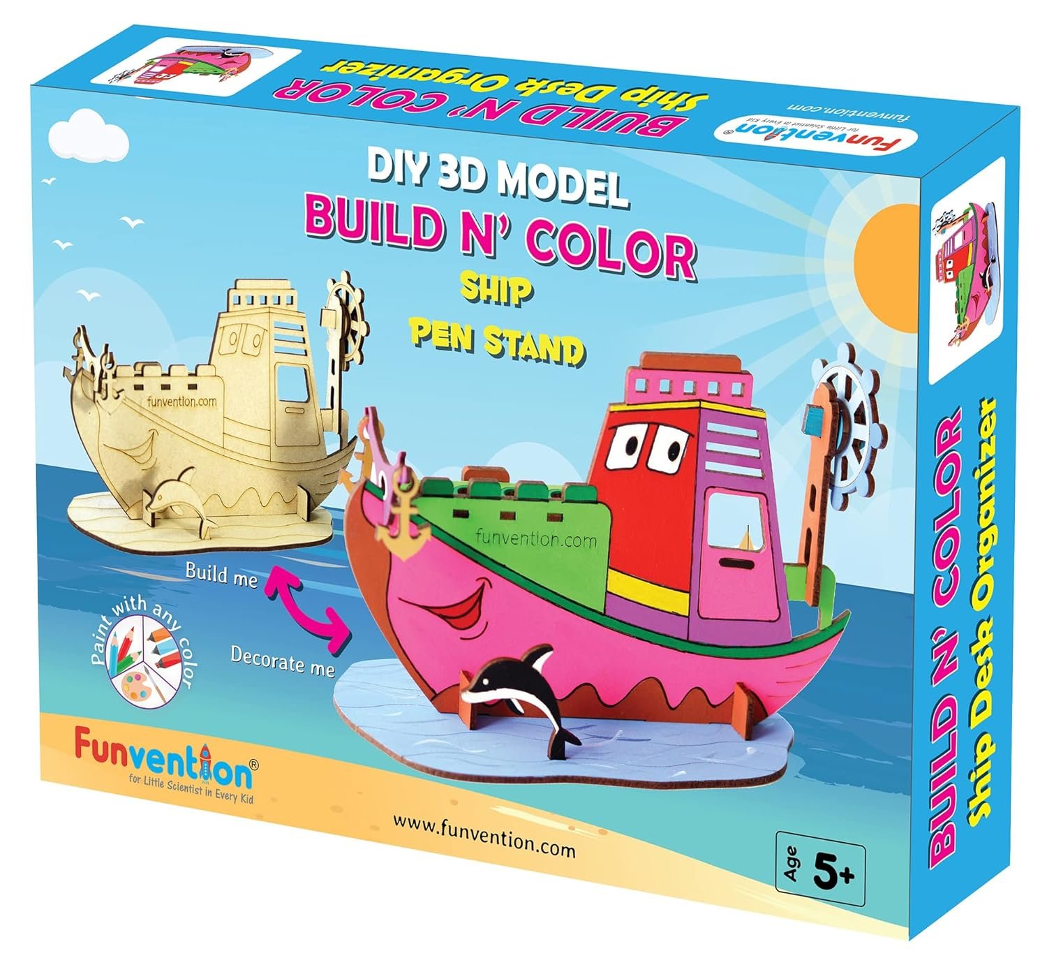 Funvention Ship - 3D Coloring Model (Pack of 12) - DIY Desk Organizer Pen Stand - STEM Leanring 3D Puzzle Toy - Art, Coloring and Painting Kit for Kids - Birthday Return Gift,DIY Party Pack for Kids
