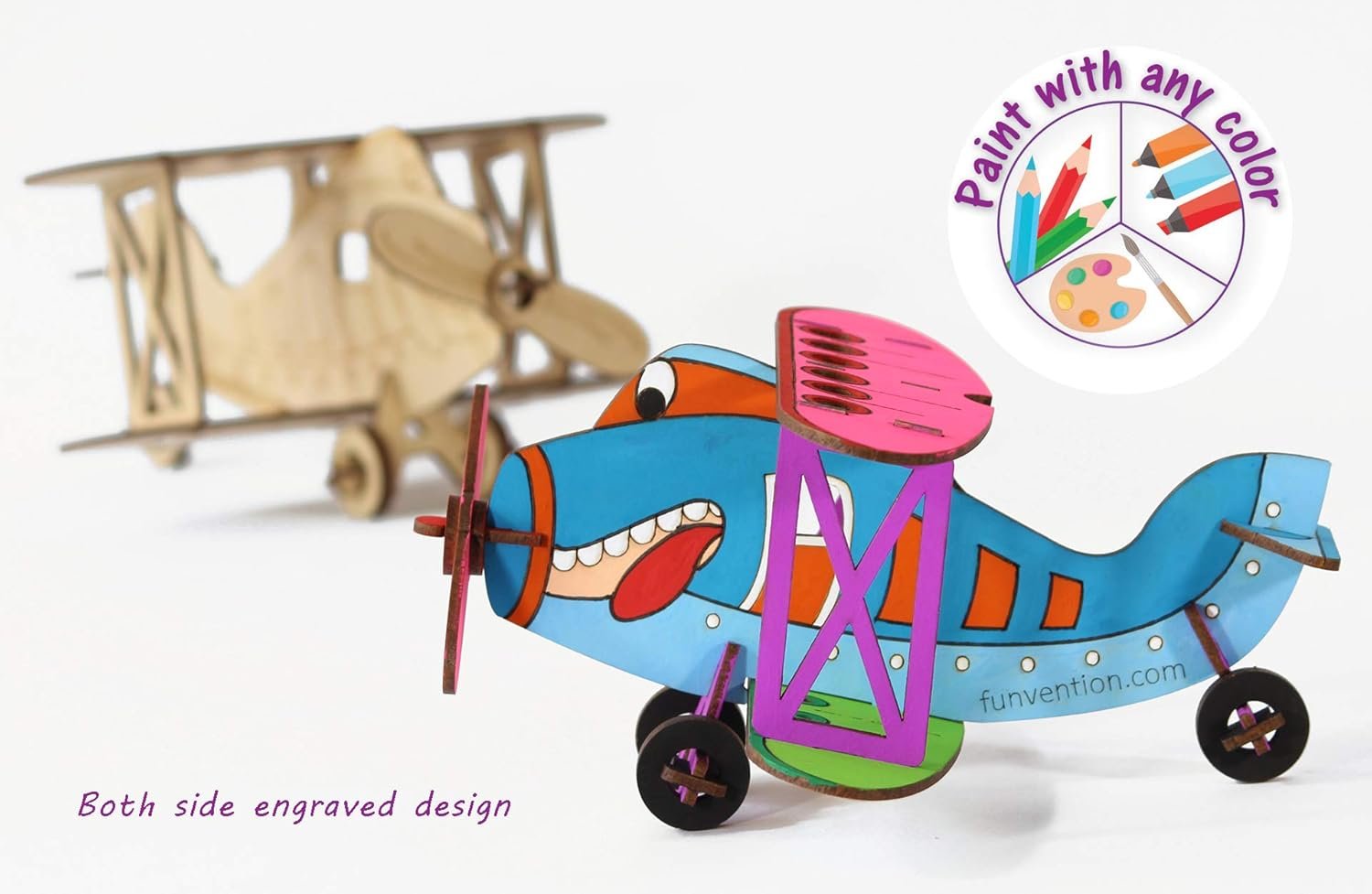 Funvention Bi-Plane - 3D Coloring Model (Pack of 6) - DIY Desk Organizer Pen Stand - STEM Leanring 3D Puzzle Toy - Art, Coloring and Painting Kit for Kids - Birthday Return Gift, Party Pack for Kids