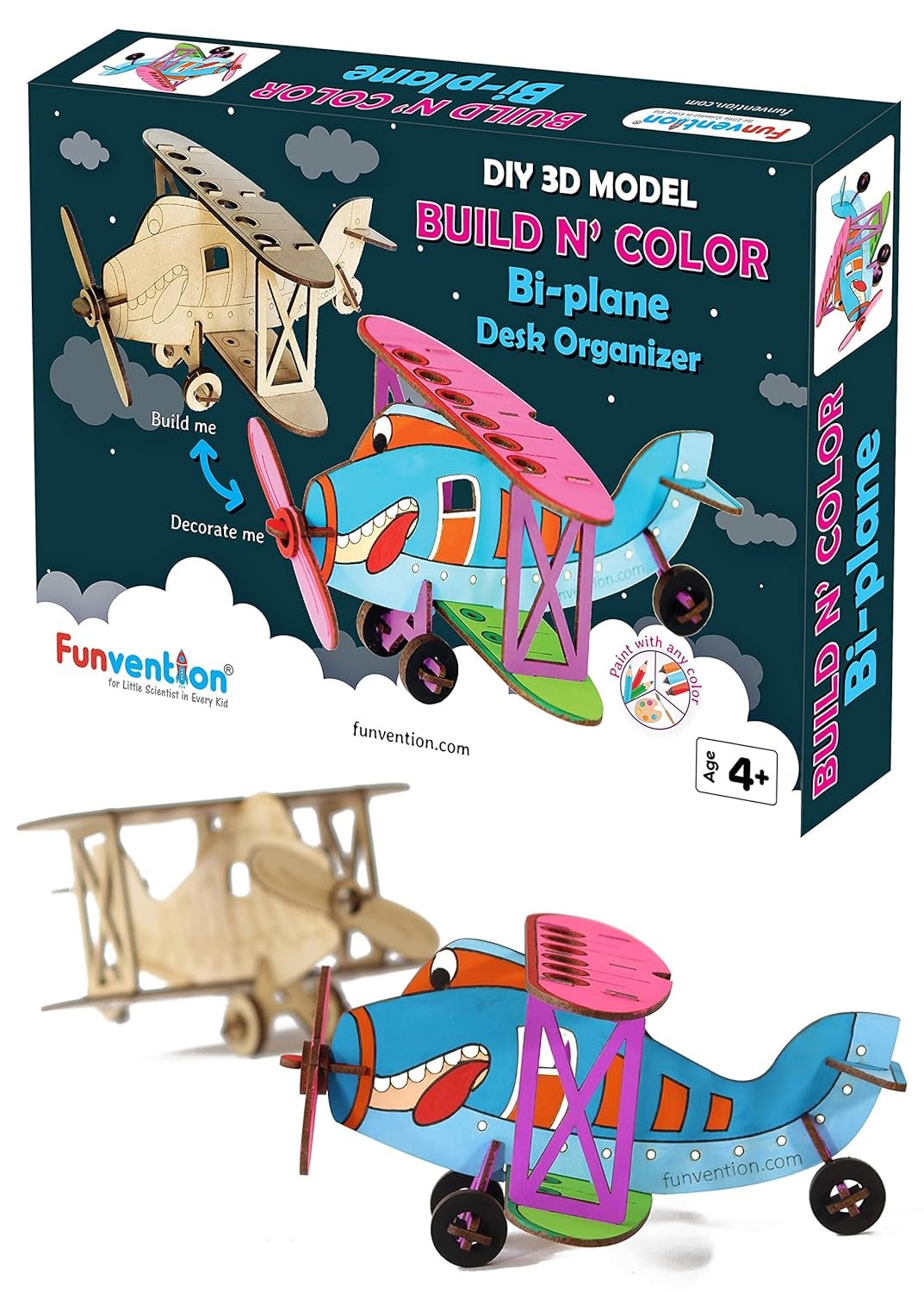 Funvention Bi-Plane - 3D Coloring Model (Pack of 6) - DIY Desk Organizer Pen Stand - STEM Leanring 3D Puzzle Toy - Art, Coloring and Painting Kit for Kids - Birthday Return Gift, Party Pack for Kids