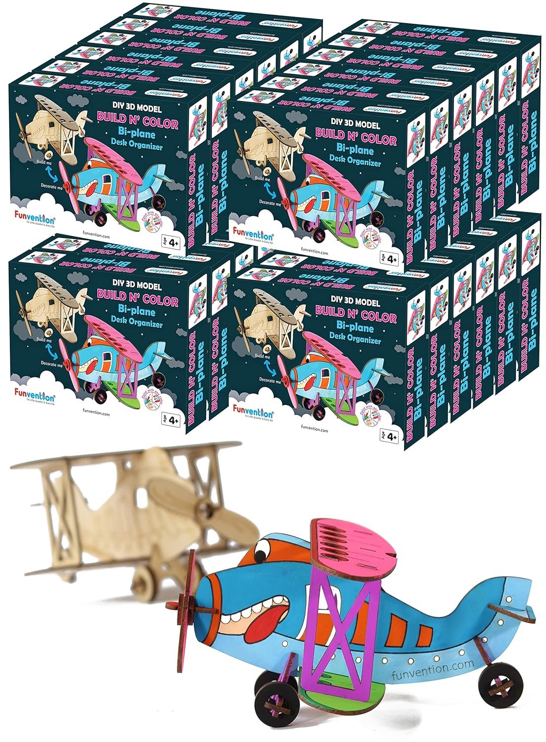 Funvention Bi-Plane - 3D Coloring Model (Pack of 24) - DIY Desk Organizer Pen Stand - STEM Leanring 3D Puzzle Toy - Art, Coloring and Painting Kit for Kids - Birthday Return Gift,Party Pack for Kids
