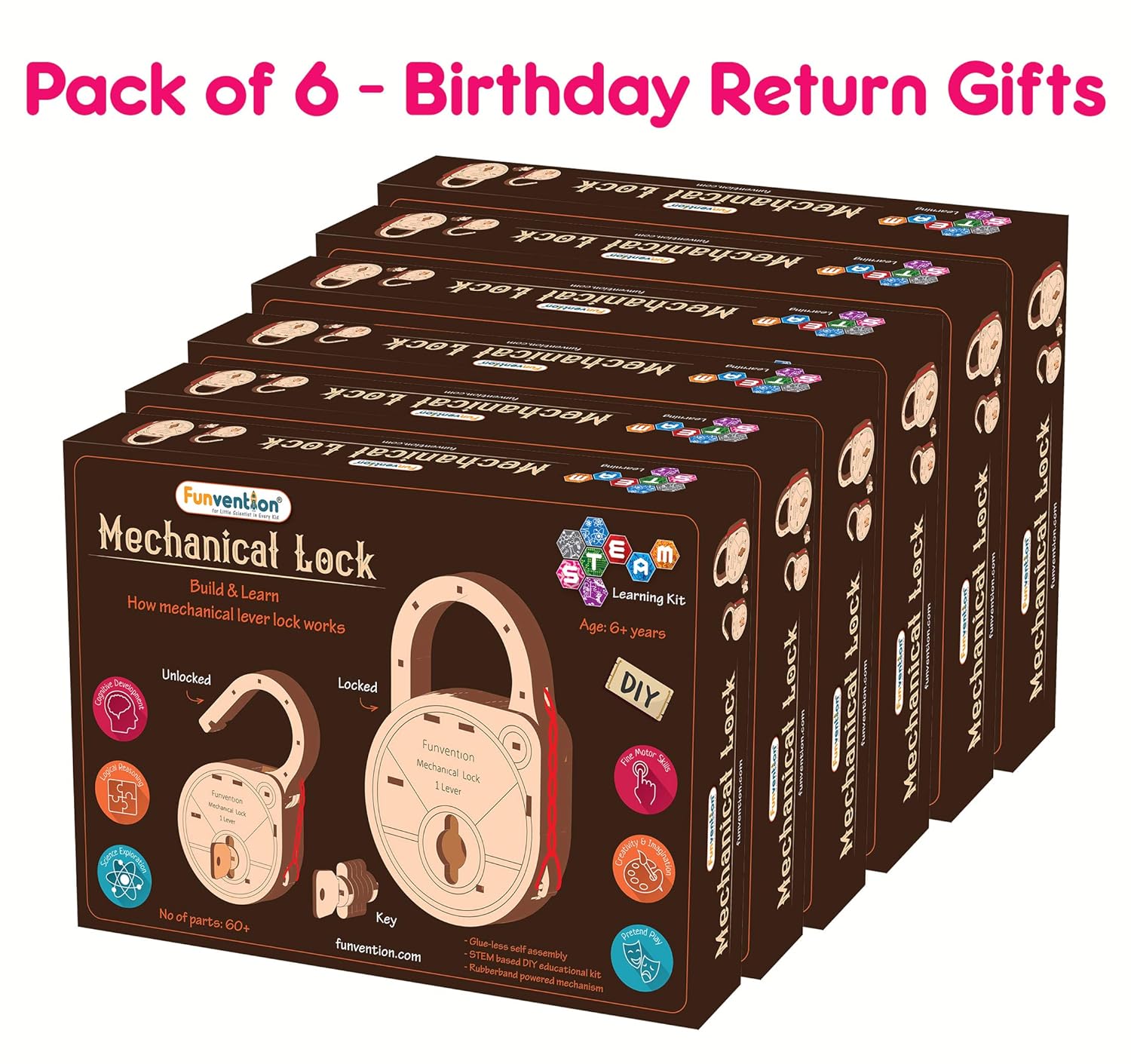 Funvention DIY Mechanical Lock with Key (Pack of 6) - Build Working Lock Yourself - STEM Learning Birthday Return Gifts Party Pack