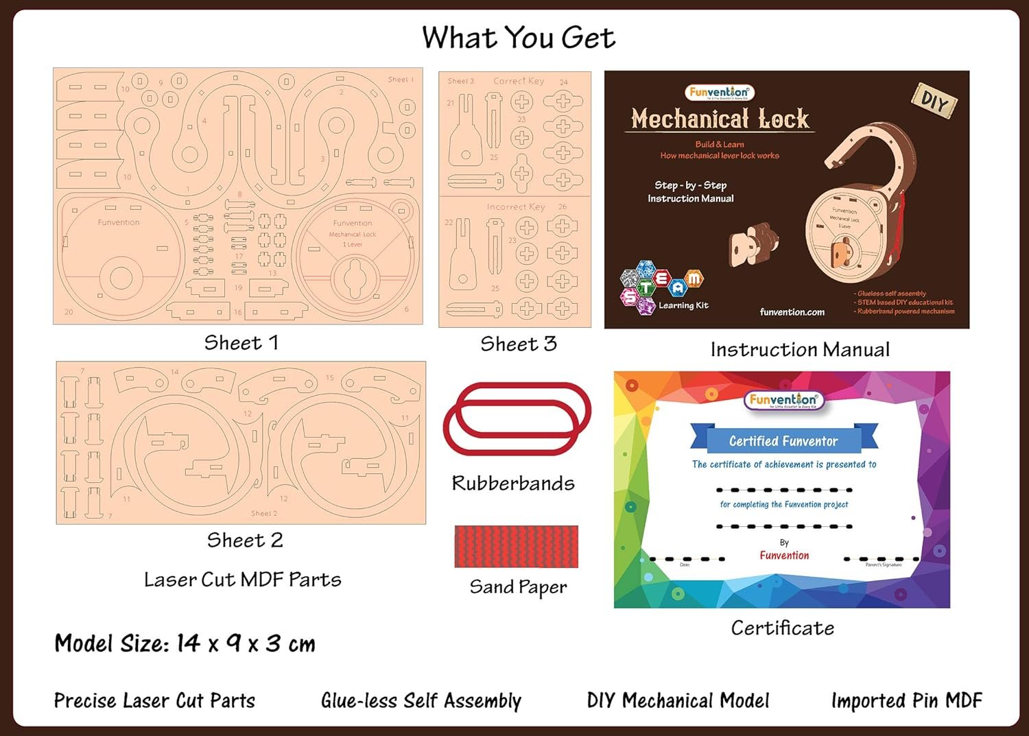 Funvention- for Little Scientist in Every Kid Engineered Wood Diy Mechanical Lock With Key (Pack Of 12) - Build Working Lock Yourself - Stem Learning Birthday Return Gifts Party Pack, Multicolor