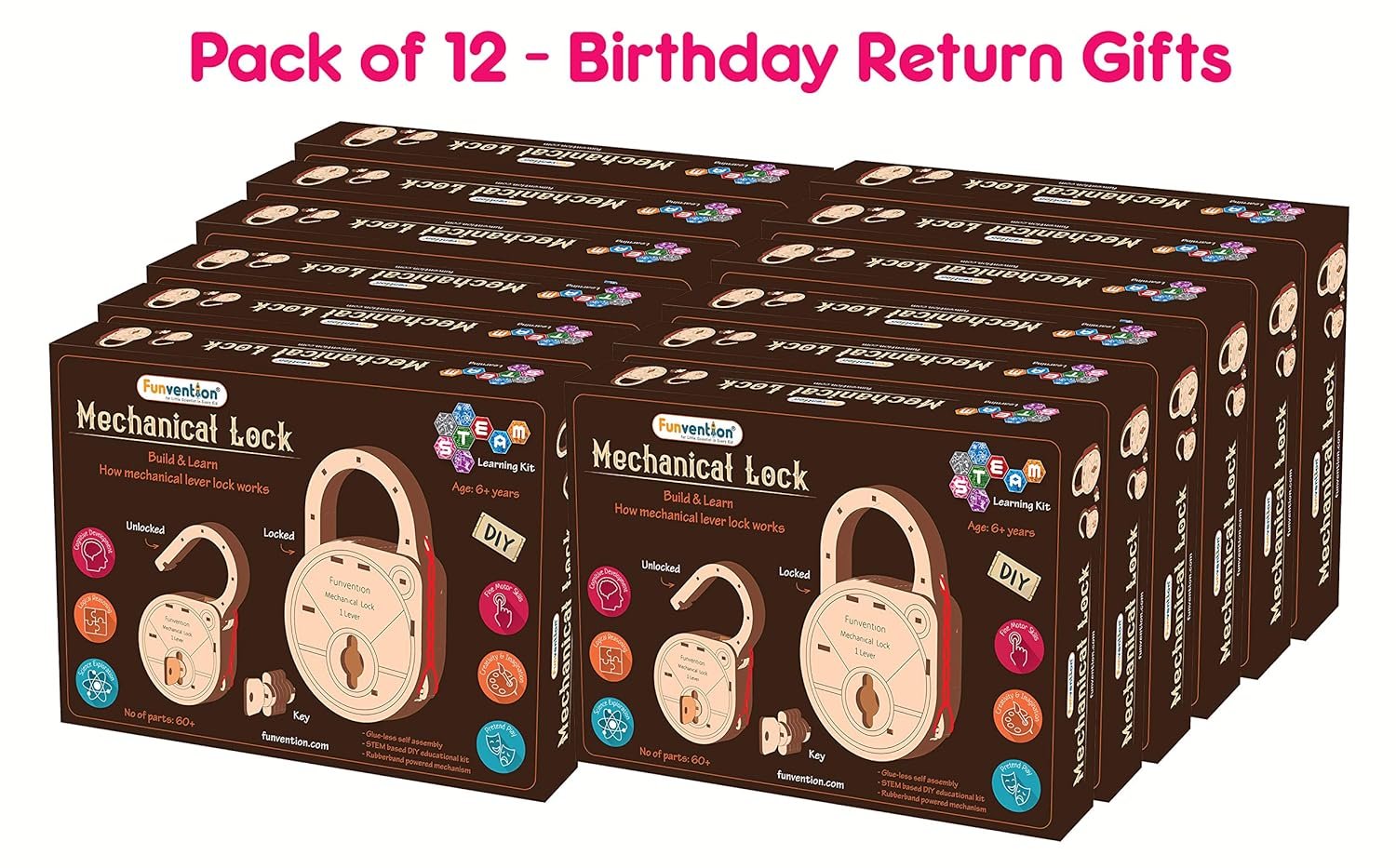 Funvention- for Little Scientist in Every Kid Engineered Wood Diy Mechanical Lock With Key (Pack Of 12) - Build Working Lock Yourself - Stem Learning Birthday Return Gifts Party Pack, Multicolor