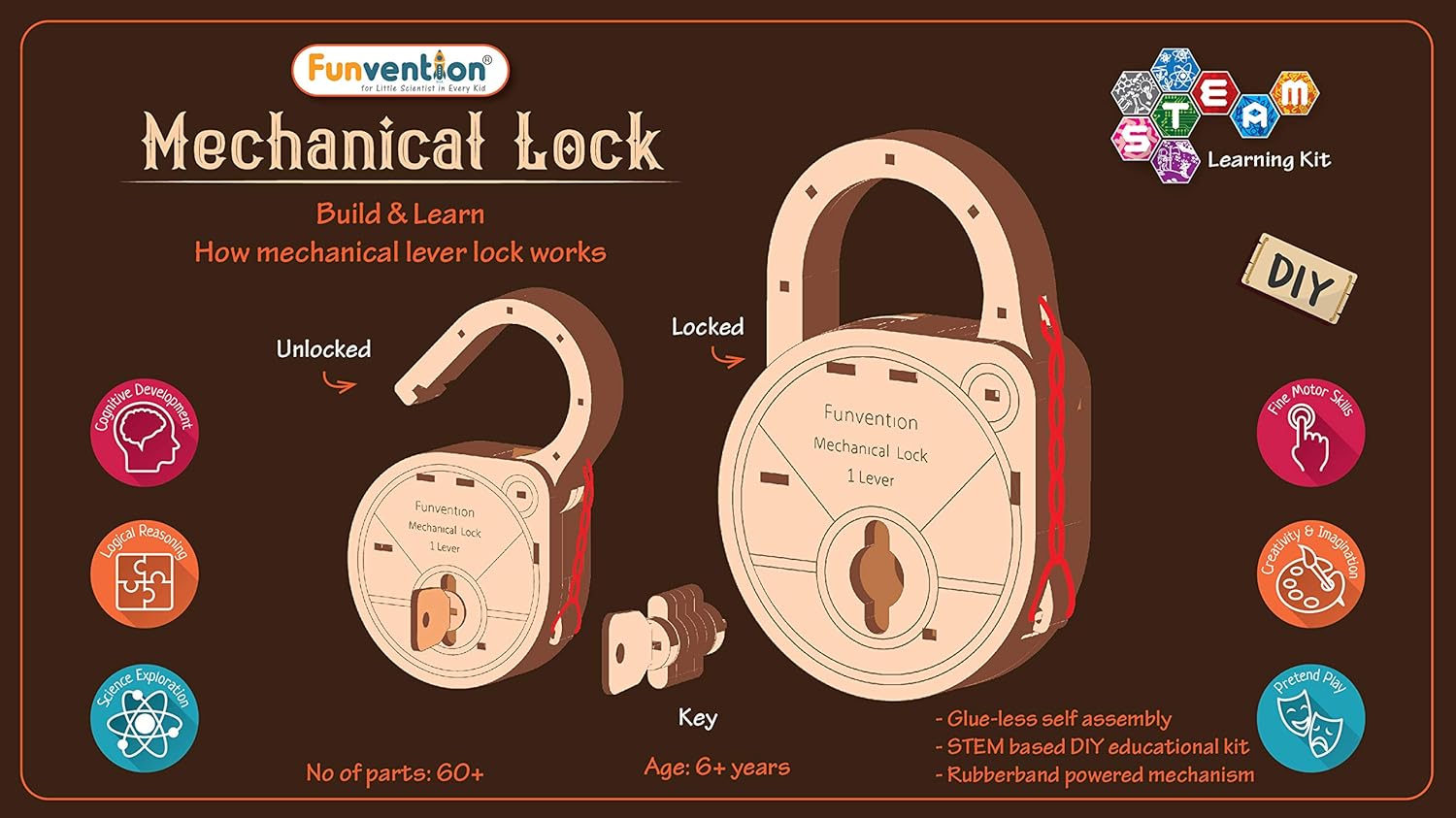 Funvention- For Little Scientist In Every for Kid Fantasy Build Working Lock Yourself Diy Mechanical Lock With Key Stem Learning Utility (Multicolor)