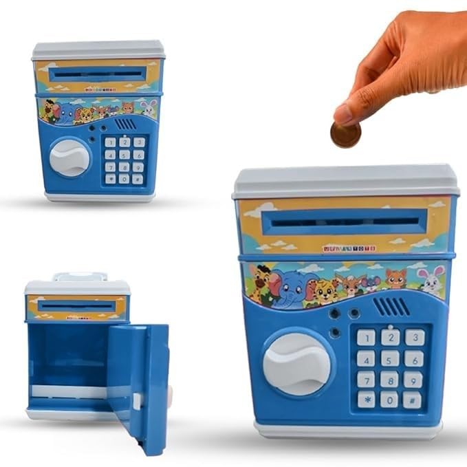 Braintastic ATM Money Locker Piggy Bank Battery Operated Coin Bank with Automatic Door Open Electronics Security Lock & Password Key Toys for Kids (Blue)