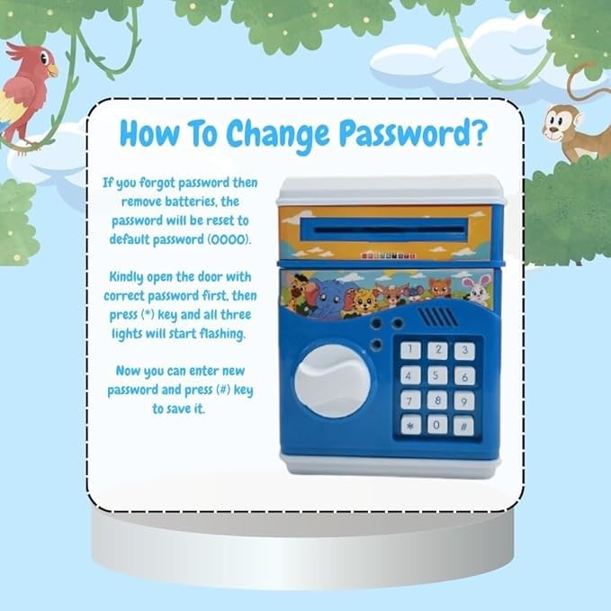 Braintastic ATM Money Locker Piggy Bank Battery Operated Coin Bank with Automatic Door Open Electronics Security Lock & Password Key Toys for Kids (Blue)