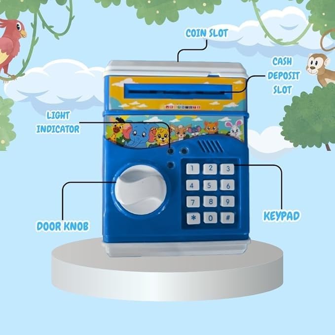 Braintastic ATM Money Locker Piggy Bank Battery Operated Coin Bank with Automatic Door Open Electronics Security Lock & Password Key Toys for Kids (Blue)