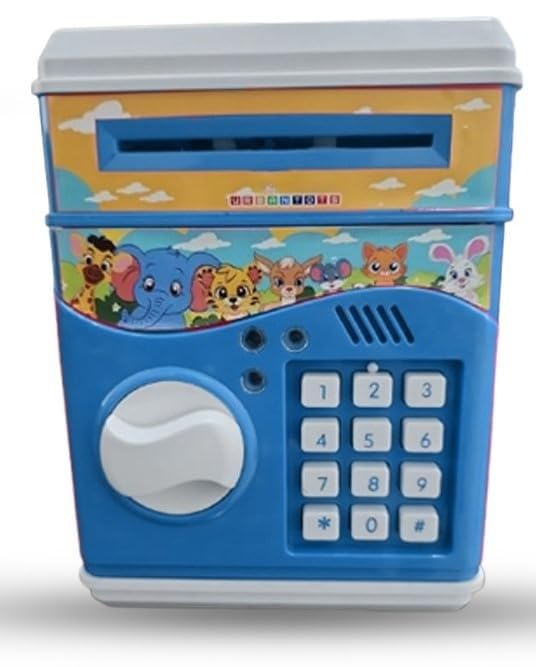 Braintastic ATM Money Locker Piggy Bank Battery Operated Coin Bank with Automatic Door Open Electronics Security Lock & Password Key Toys for Kids (Blue)