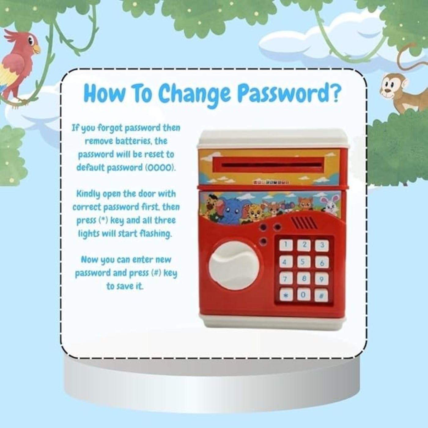 Braintastic ATM Bank for Kids, Battery Operated, Password Protected, Auto Door with Light and Music (Red)